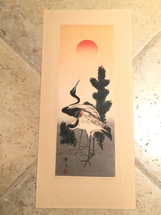 Hokusai Japanese Woodblock Print Titled 'Cranes At Sunrise'