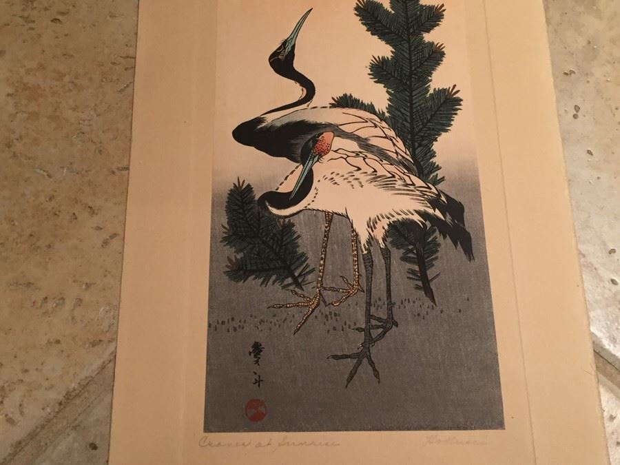 Hokusai Japanese Woodblock Print Titled 'Cranes At Sunrise' [Photo 2]