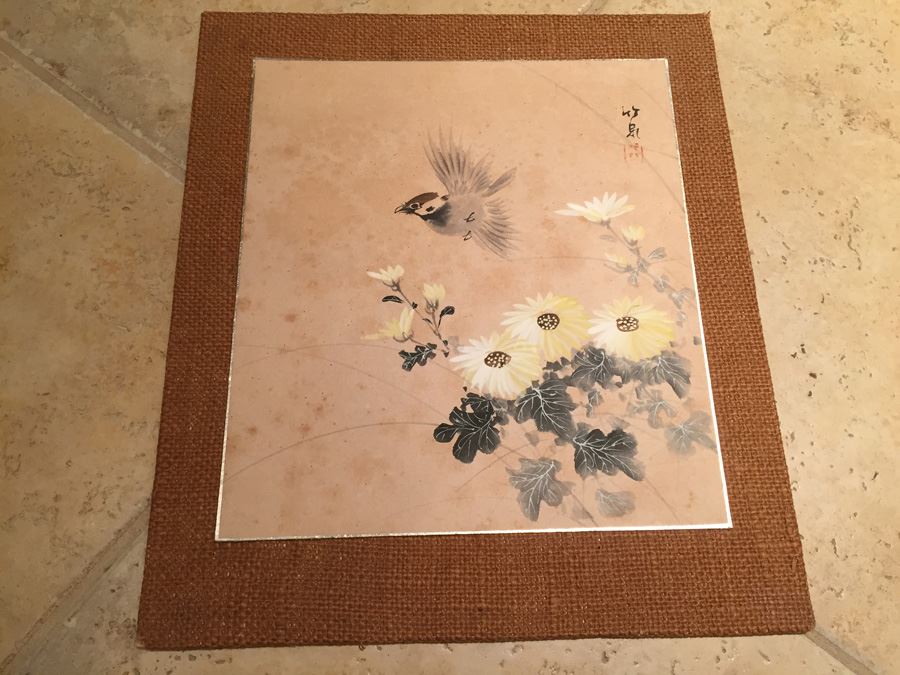 Original Signed Asian Watercolor Of Bird And Flowers [Photo 1]