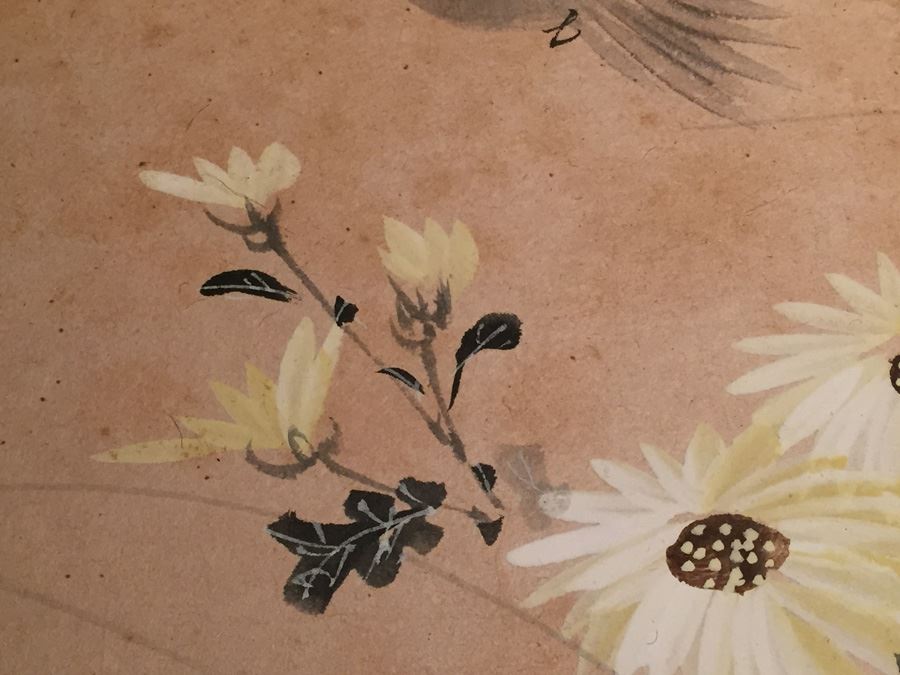 Original Signed Asian Watercolor Of Bird And Flowers [Photo 7]