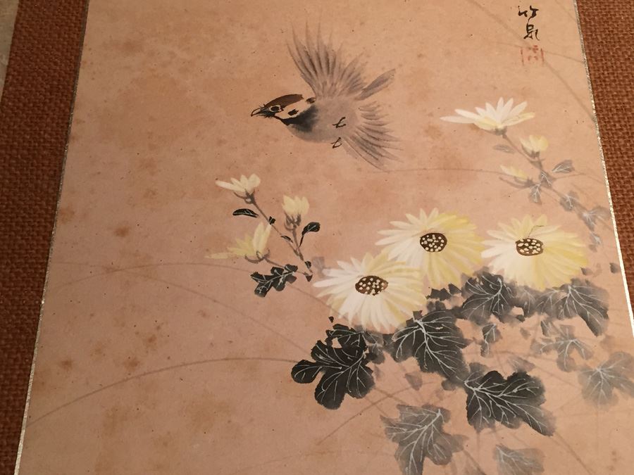 Original Signed Asian Watercolor Of Bird And Flowers [Photo 2]