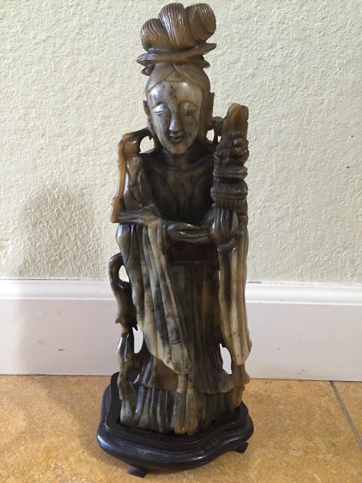 Finely Hand Carved Stone Statue On Custom Wood Base Measuring 12.5' Tall By 4.5' Wide