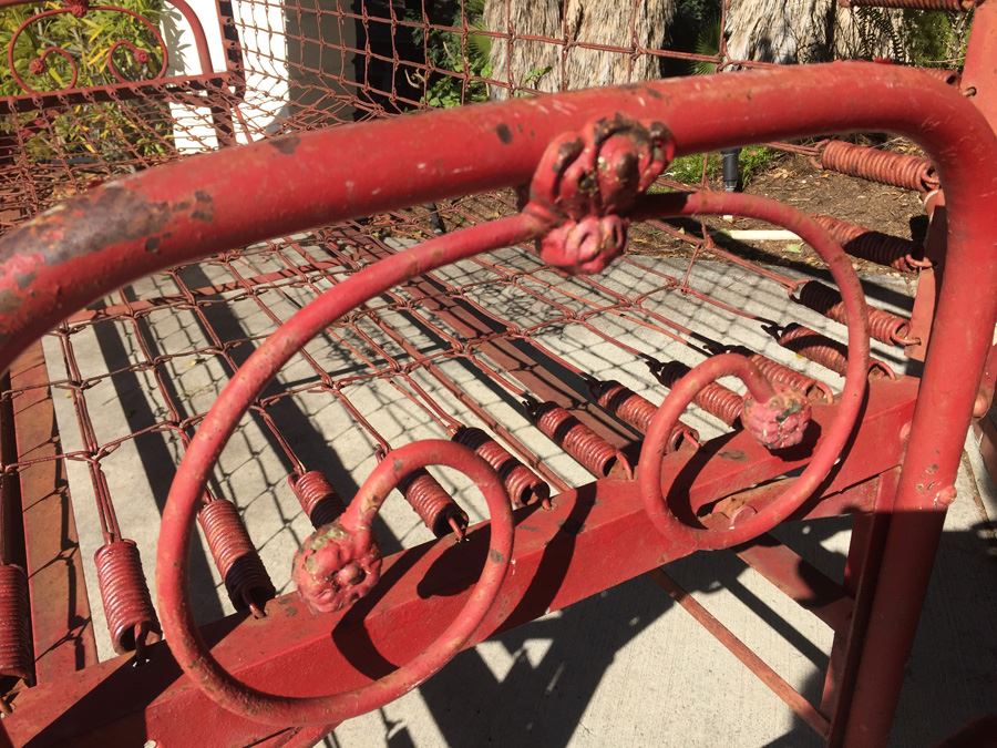 Vintage Red Metal Sofa Missing Cushions Great Patina [Photo 2]