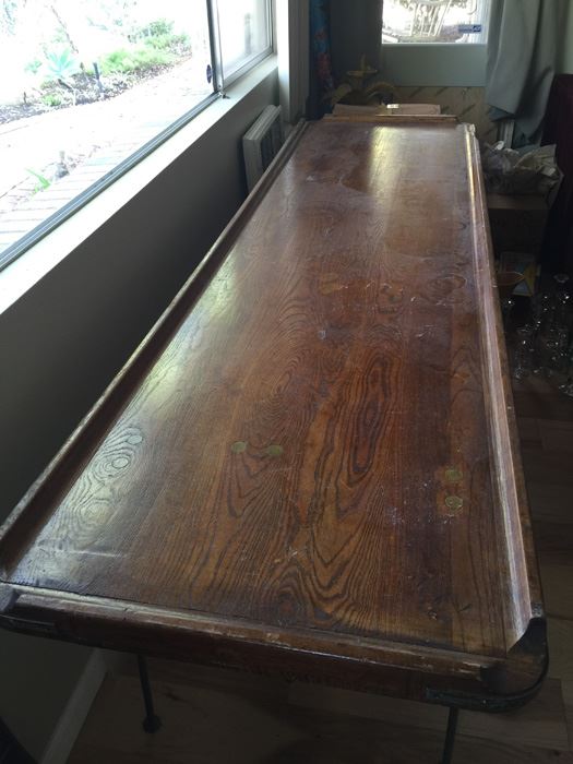Vintage Wood And Metal Folding Leg Table With Brass Accents - Looks Like A Shuffleboard Table [Photo 4]