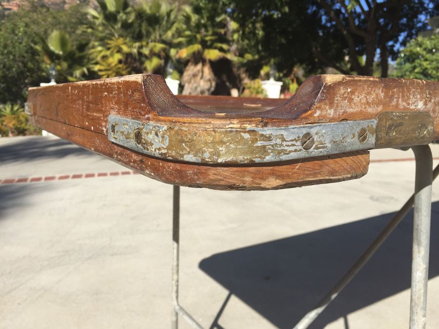 Vintage Wood And Metal Folding Leg Table With Brass Accents - Looks Like A Shuffleboard Table [Photo 4]