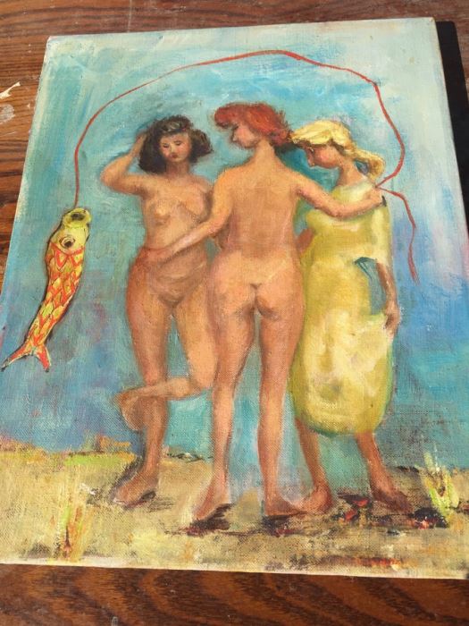 Original Artwork On Canvas Of Three Women And Fish