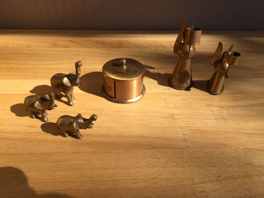 Brass Elephants, Candle Holders And Stamp Roll