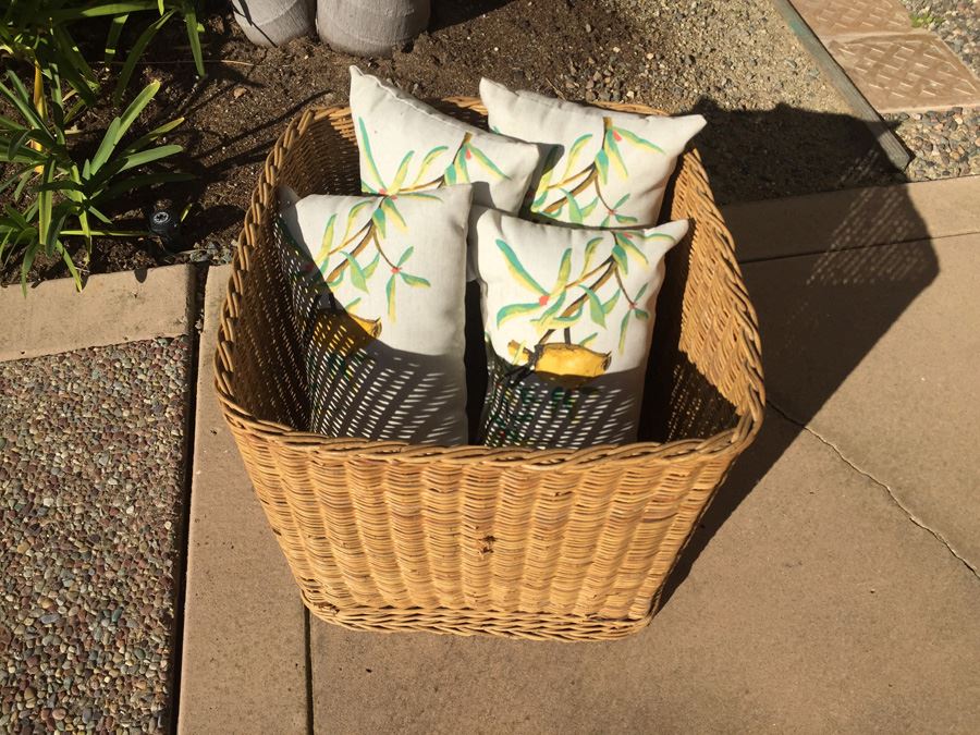 Four Outdoor Bird Print Pillows With Basket