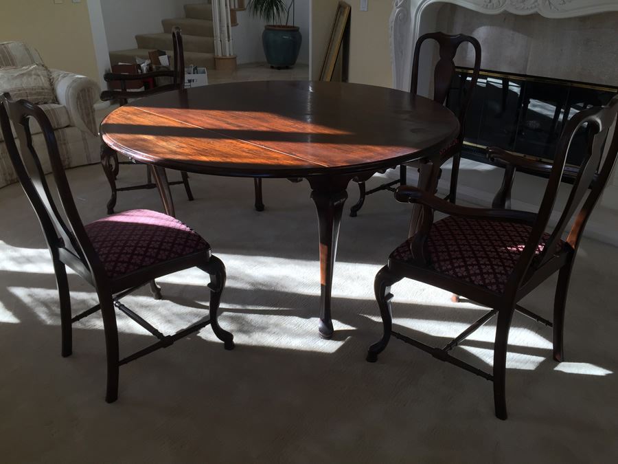 BARKER BROS. Elegant Round Drop Leaf Wooden Dining Table With Four Chairs Total (Two Arm Chairs) [Photo 32]