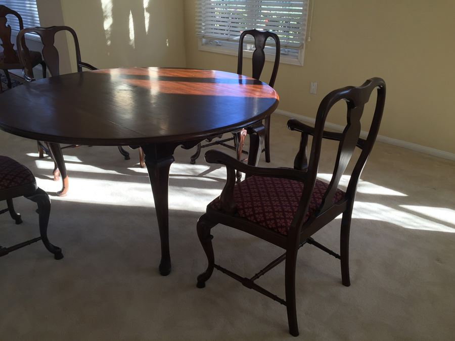 BARKER BROS. Elegant Round Drop Leaf Wooden Dining Table With Four Chairs Total (Two Arm Chairs) [Photo 22]