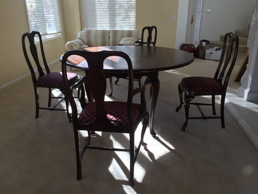 BARKER BROS. Elegant Round Drop Leaf Wooden Dining Table With Four Chairs Total (Two Arm Chairs) [Photo 33]