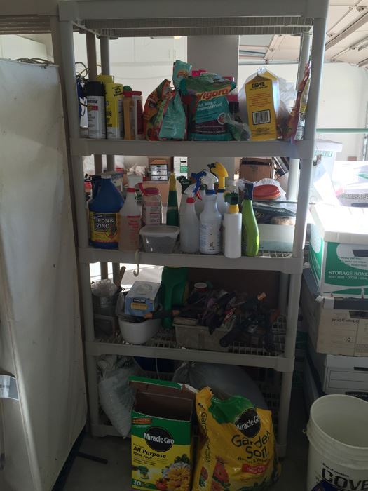 Plastic Outdoor Shelf With Gardening Equipment, Supplies And Contents [Photo 1]