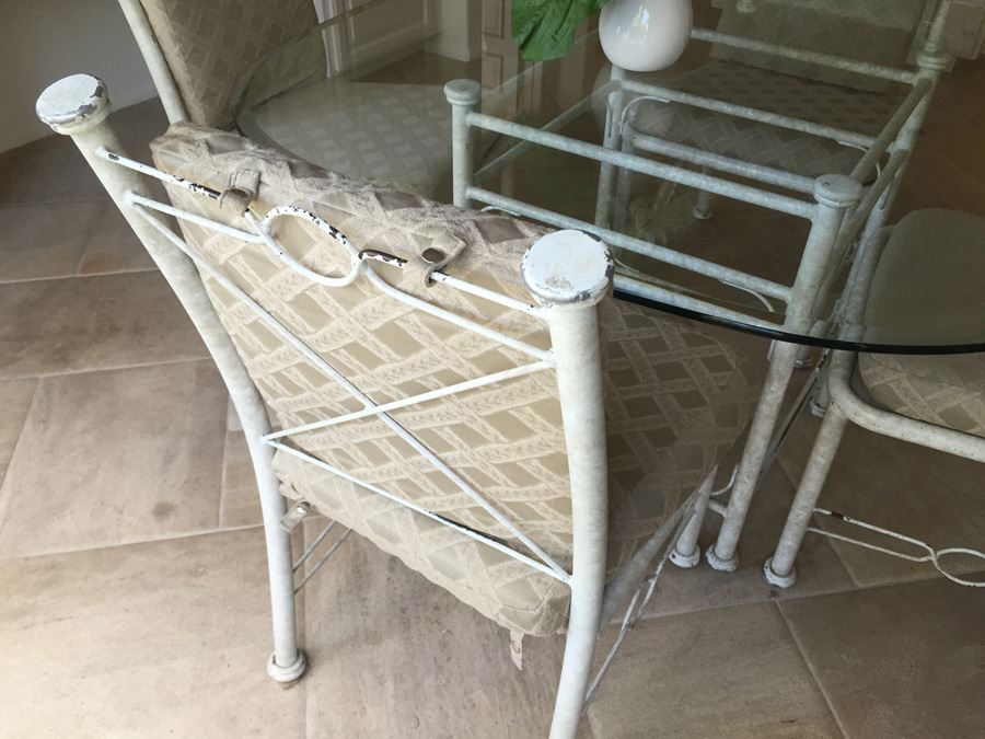 Painted White Metal And Beveled Glass Kitchen Table With Four Chairs [Photo 6]