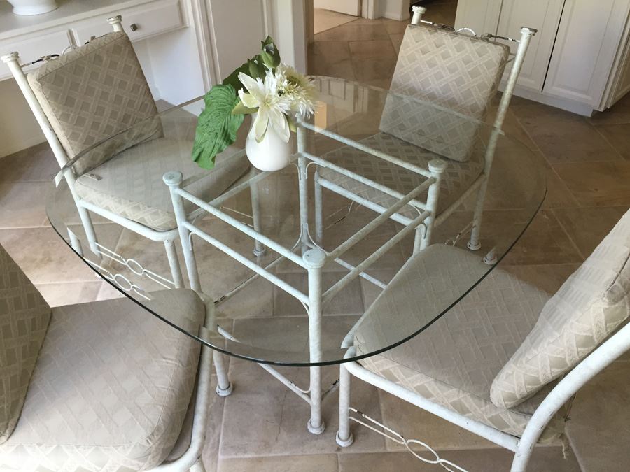 Painted White Metal And Beveled Glass Kitchen Table With Four Chairs [Photo 3]