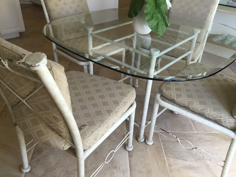 Painted White Metal And Beveled Glass Kitchen Table With Four Chairs [Photo 5]