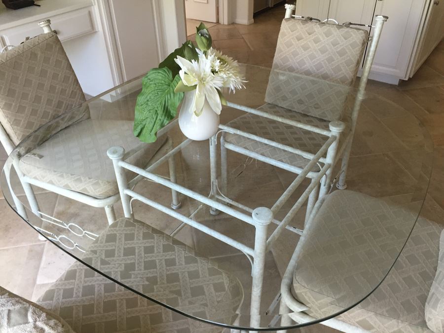 Painted White Metal And Beveled Glass Kitchen Table With Four Chairs [Photo 8]