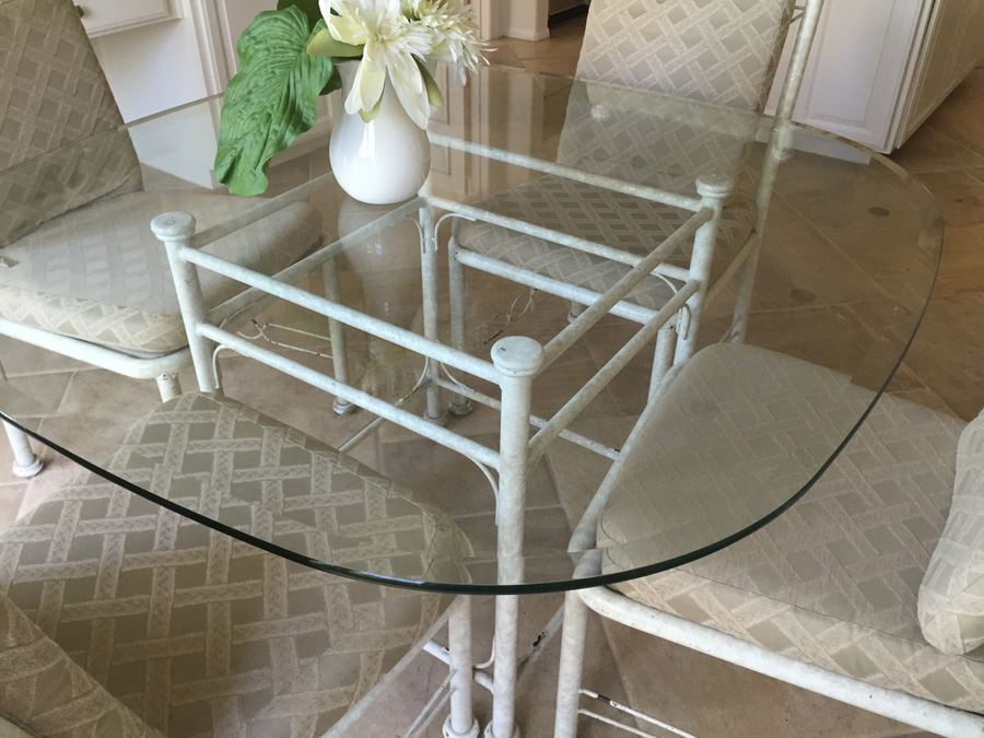 Painted White Metal And Beveled Glass Kitchen Table With Four Chairs [Photo 2]