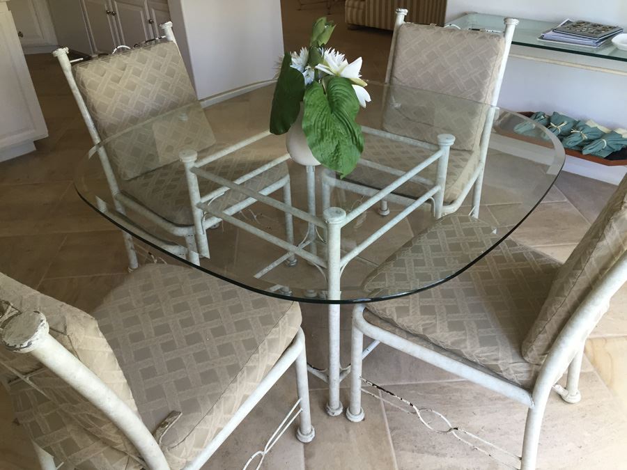 Painted White Metal And Beveled Glass Kitchen Table With Four Chairs