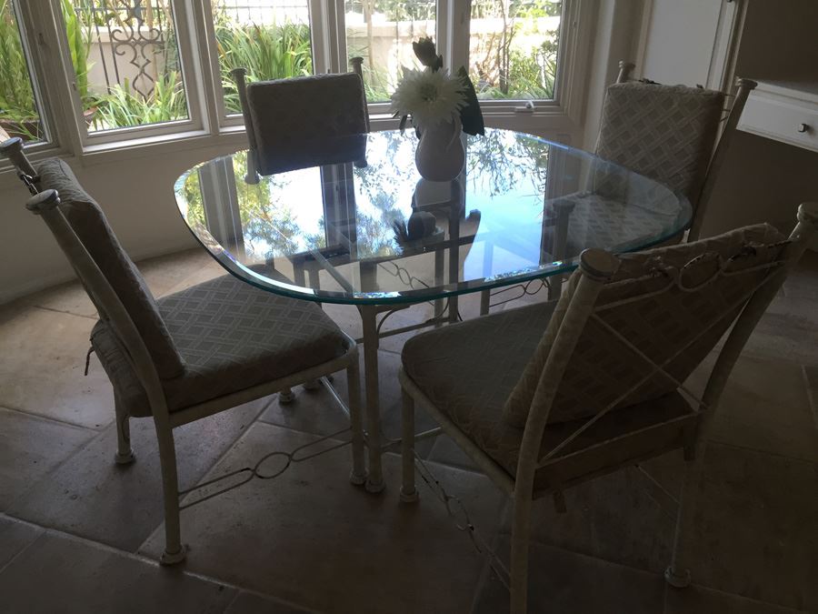 Painted White Metal And Beveled Glass Kitchen Table With Four Chairs [Photo 4]