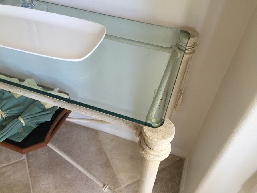 Painted White Metal And Thick Glass Console Sofa Table [Photo 6]