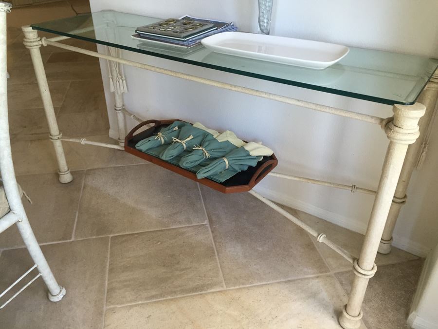Painted White Metal And Thick Glass Console Sofa Table [Photo 4]