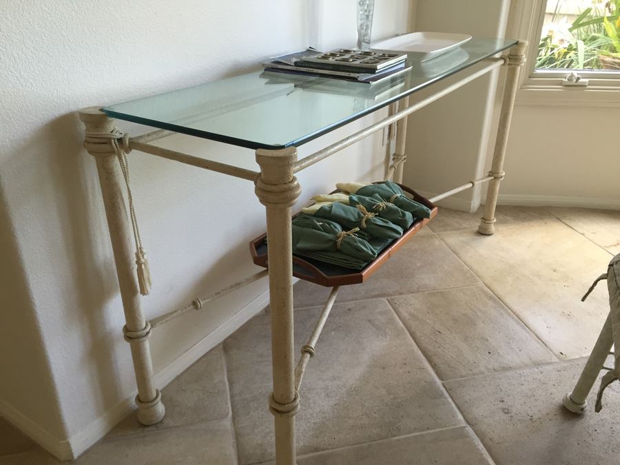 Painted White Metal And Thick Glass Console Sofa Table [Photo 3]