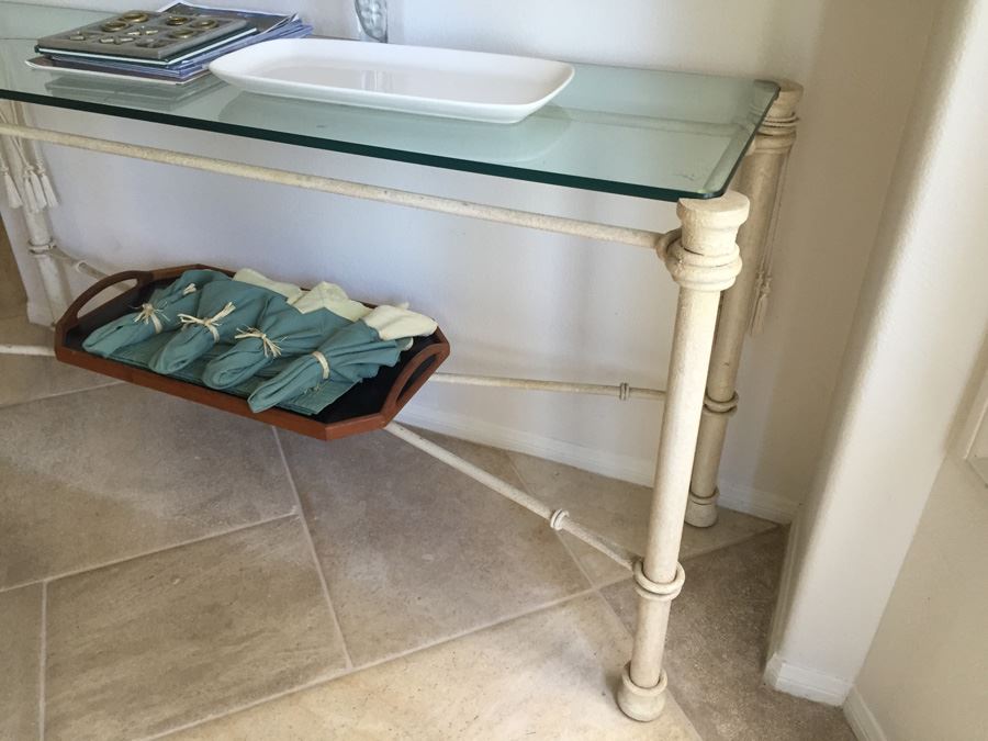 Painted White Metal And Thick Glass Console Sofa Table [Photo 5]