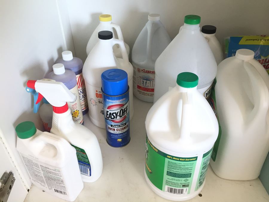 Closet Lot With Kitchen Pans, Cleaning Supplies, Milk Glass And Various Items [Photo 13]