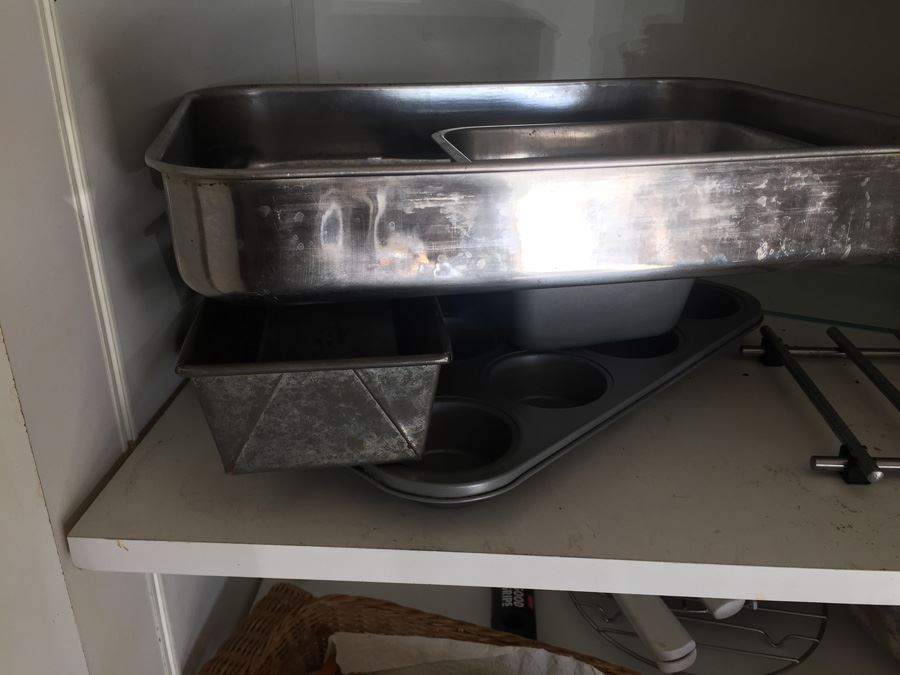 Closet Lot With Kitchen Pans, Cleaning Supplies, Milk Glass And Various Items [Photo 4]