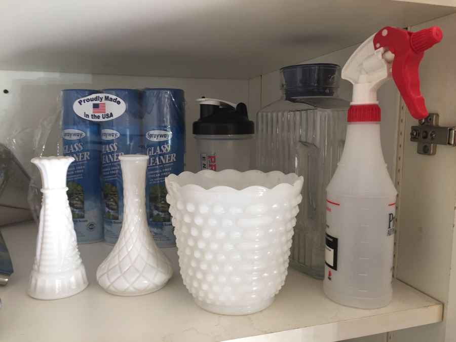 Closet Lot With Kitchen Pans, Cleaning Supplies, Milk Glass And Various Items [Photo 2]