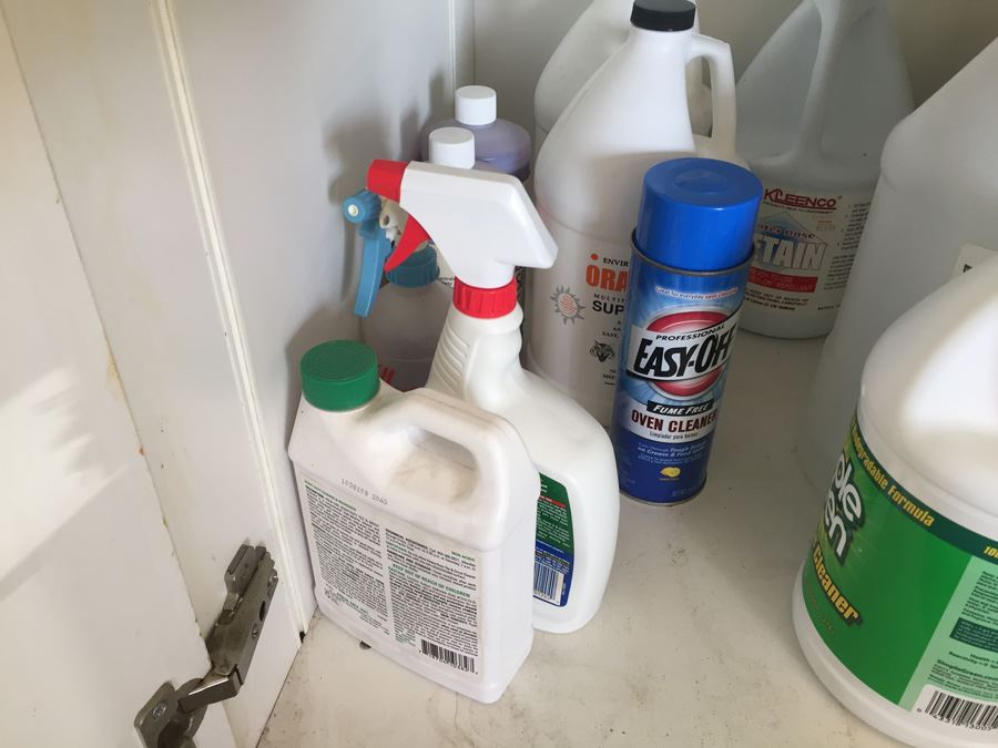 Closet Lot With Kitchen Pans, Cleaning Supplies, Milk Glass And Various Items [Photo 14]