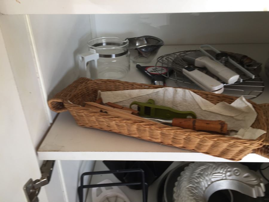 Closet Lot With Kitchen Pans, Cleaning Supplies, Milk Glass And Various Items [Photo 5]