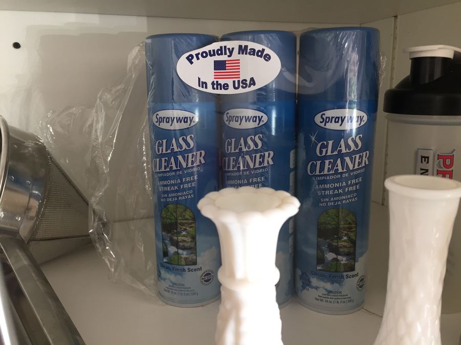 Closet Lot With Kitchen Pans, Cleaning Supplies, Milk Glass And Various Items [Photo 15]