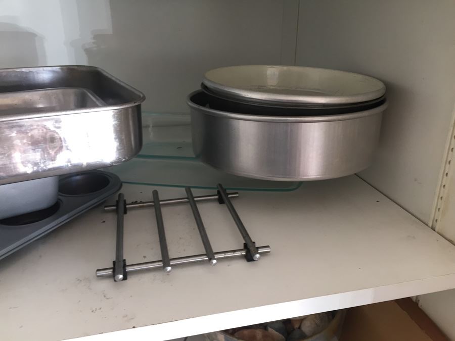 Closet Lot With Kitchen Pans, Cleaning Supplies, Milk Glass And Various Items [Photo 3]