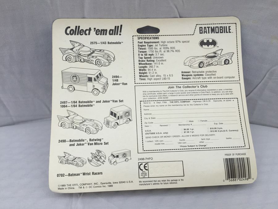 ERTL Die-Cast Metal Batman New On Card DC Comics Vintage 1989 [Photo 5]
