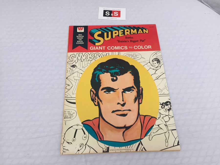 Superman Battles 'Brainiac's Biggest Plot' Giant Comics To Color Book With Bonus Mask Whitman Vintage 1976 NM