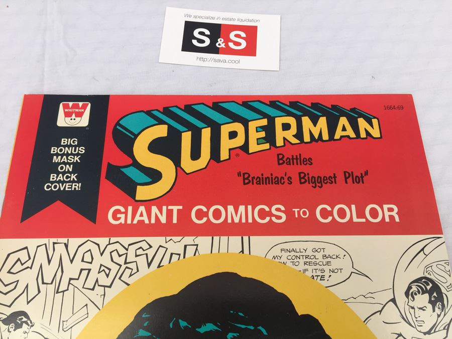 Superman Battles 'Brainiac's Biggest Plot' Giant Comics To Color Book With Bonus Mask Whitman Vintage 1976 NM [Photo 6]