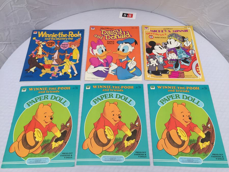 (6) Paper Doll Books Whitman New Walt Disney Winnie-The-Pooh Daisy And Donald Mickey & Minnie