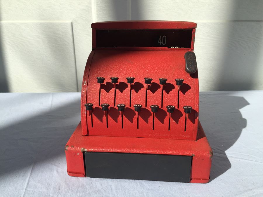 Vintage Red Metal Toy Cash Register [Photo 1]