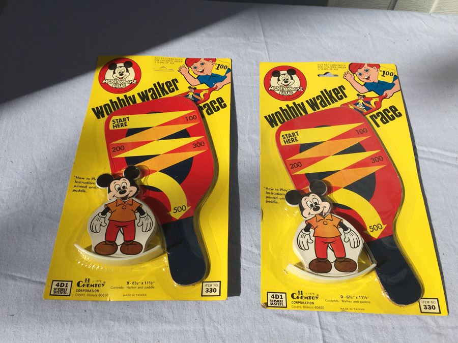 Pair Of Mickey Mouse Club Wobbly Walker Race New On Card 1976 [Photo 1]