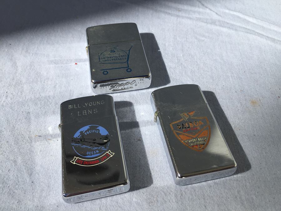 (3) Vintage ZIPPO Lighters Lifetime Warranty USS Okinawa LPH-3 - Balboa Bay Club Newport Beach CA - Reader's Digest Shopping Cart Sweepstakes [Photo 1]