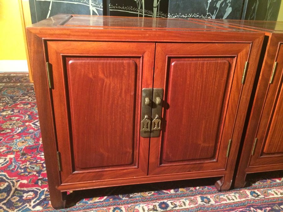 (2) Square Rosewood Chinese End Tables With Two Doors [Photo 2]