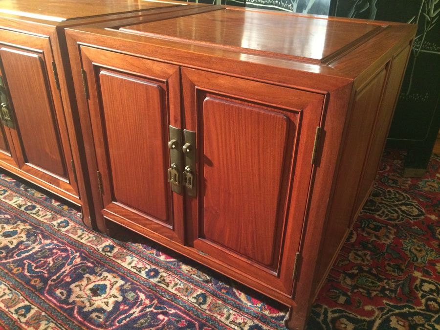 (2) Square Rosewood Chinese End Tables With Two Doors [Photo 3]