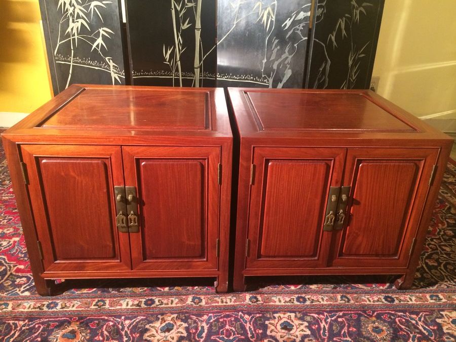 (2) Square Rosewood Chinese End Tables With Two Doors [Photo 1]