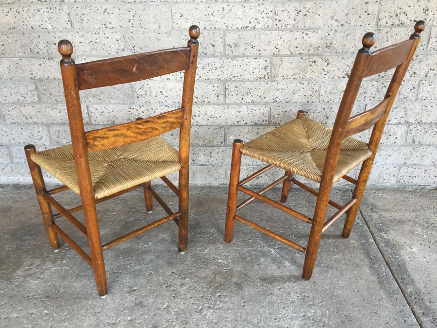 Pair Of Vintage Wooden Rush Seat Chairs With Footstool [Photo 2]