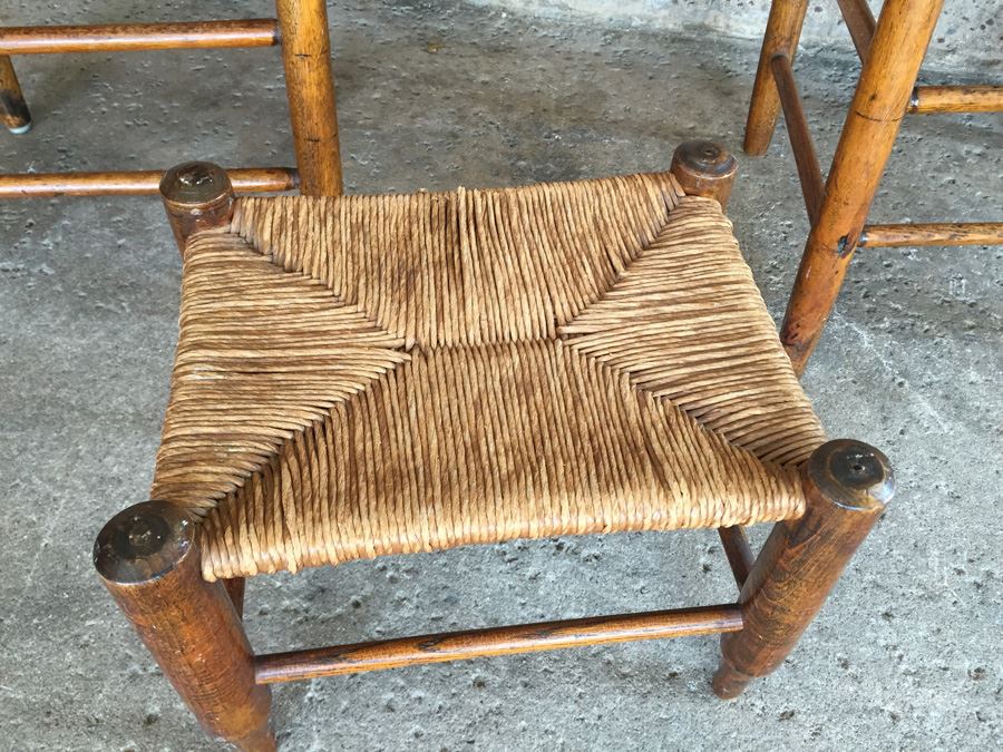 Pair Of Vintage Wooden Rush Seat Chairs With Footstool [Photo 5]