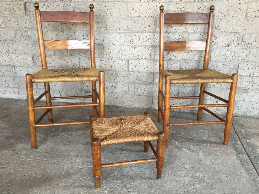 Pair Of Vintage Wooden Rush Seat Chairs With Footstool