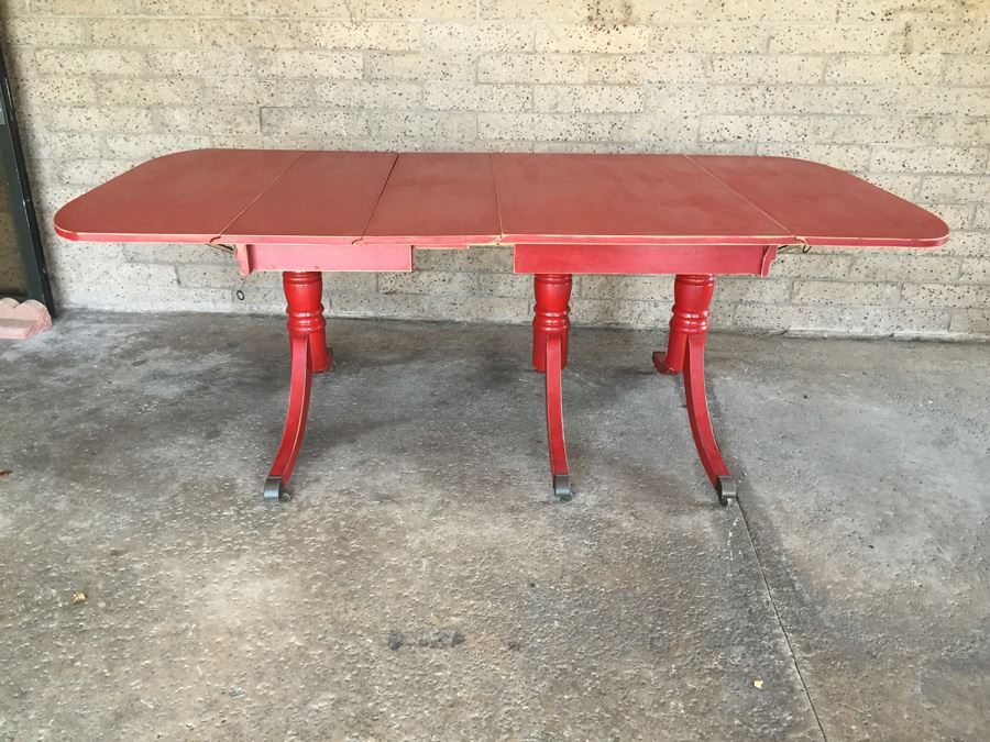 Vintage Distressed Red Drop Leaf Dining Table With Two Leaves And Hidden Silver Flatware Storage [Photo 17]