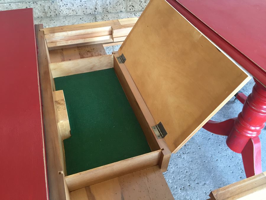 Vintage Distressed Red Drop Leaf Dining Table With Two Leaves And Hidden Silver Flatware Storage [Photo 4]