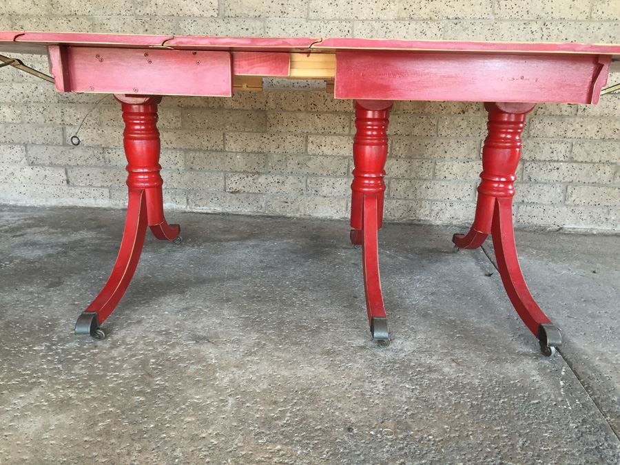 Vintage Distressed Red Drop Leaf Dining Table With Two Leaves And Hidden Silver Flatware Storage [Photo 18]